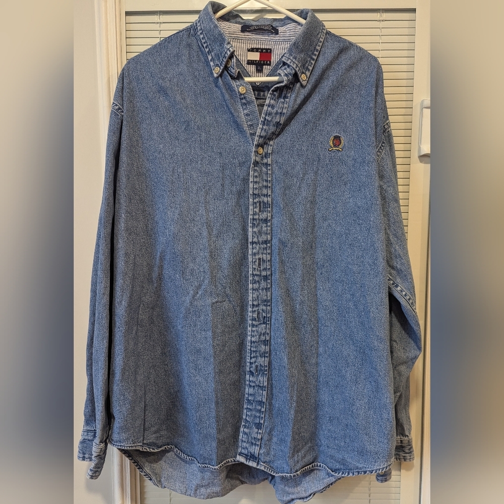 Tommy Hilfiger Womens Denim Button Down Shirt Large Long Sleeve Blue  Cotton